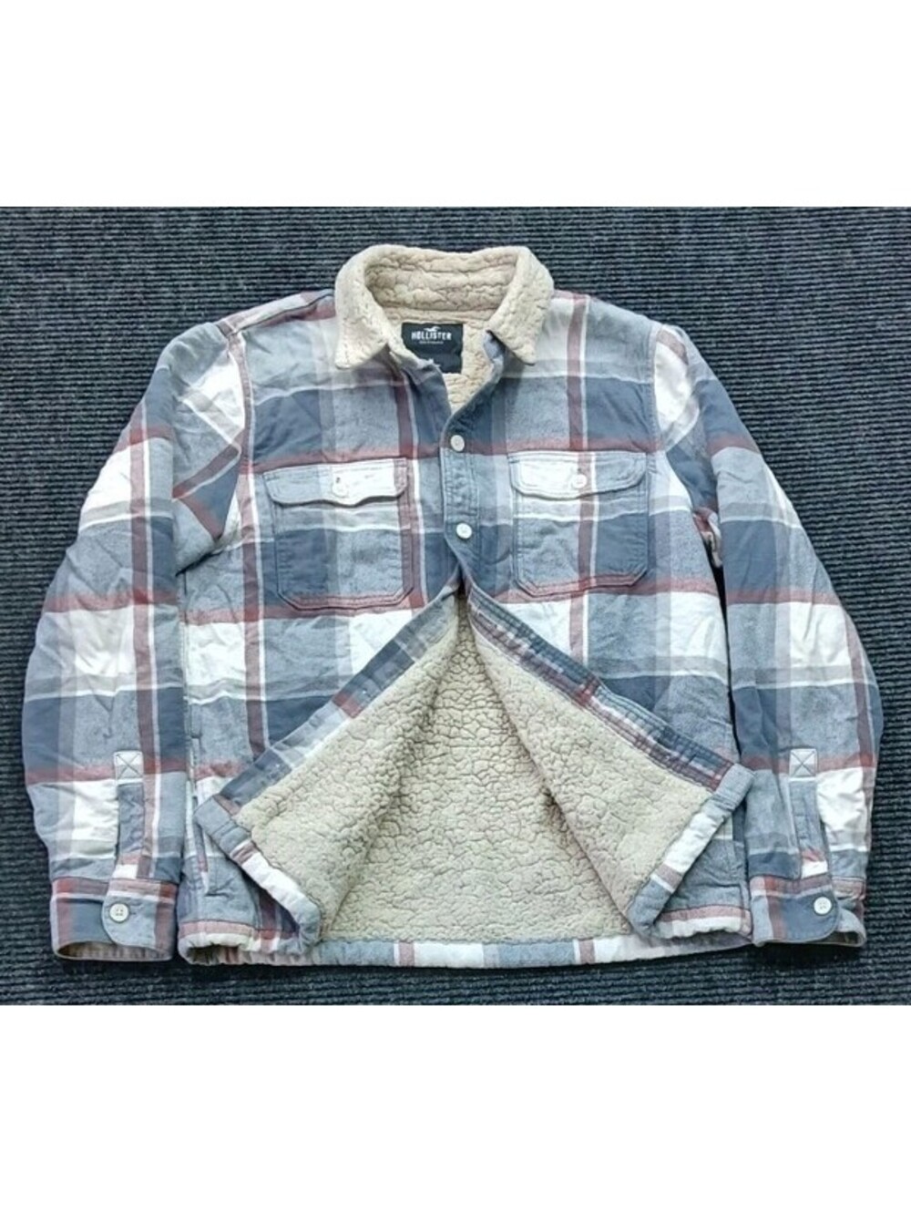 Hollister Sherpa Lined Flannel Jacket Womens Medium Plaid Blue Red White Coat